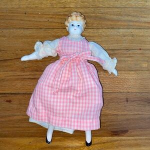 China Bisque Head Doll Pink‎ Gingham Dress Cloth Body